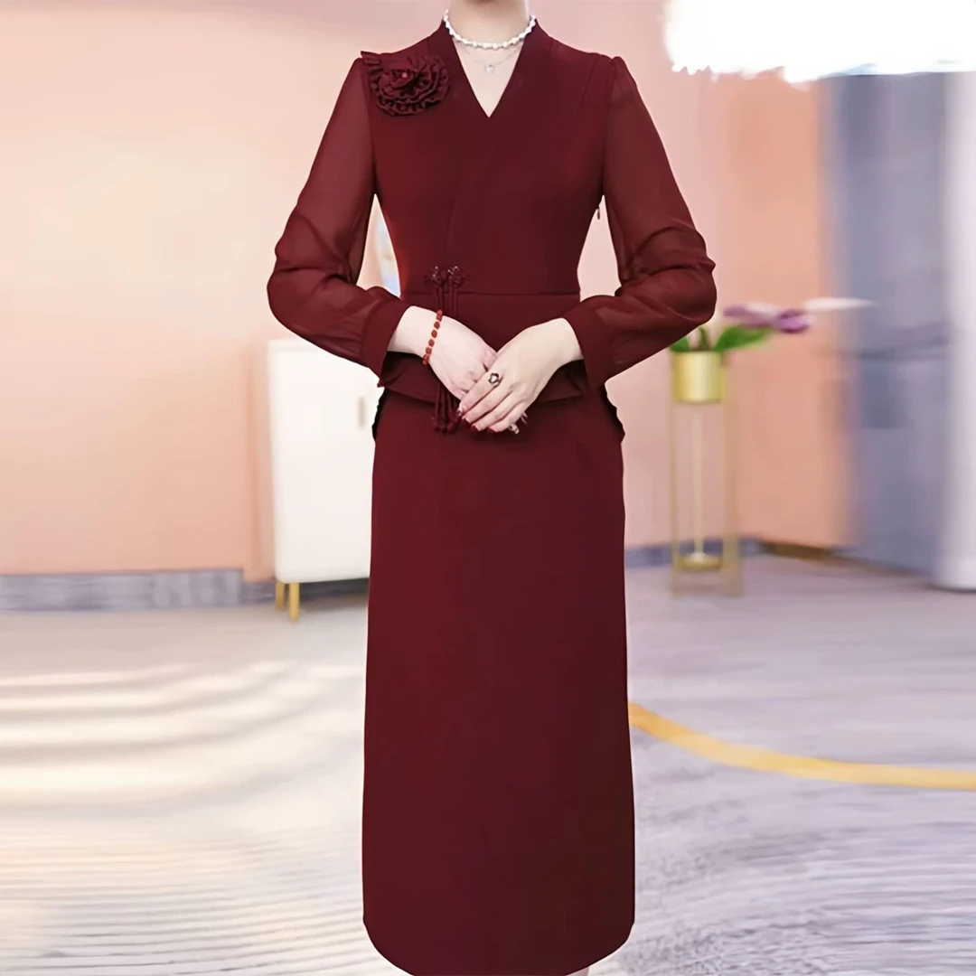 红色喜婆婆气质连衣裙女2025年精致新款妈妈装高端春季中长款裙子