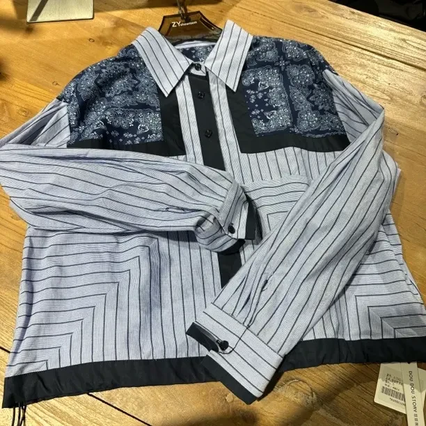 宇姐精选 0211蓝色条纹衬衫女长袖宽松休闲民族风印花百搭上衣