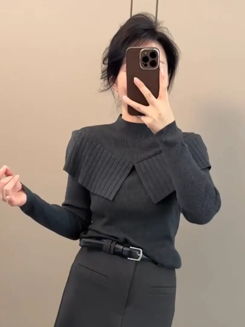 法式时尚立领灰色针织衫秋2025设计感荷叶边小众炸街高级感女装