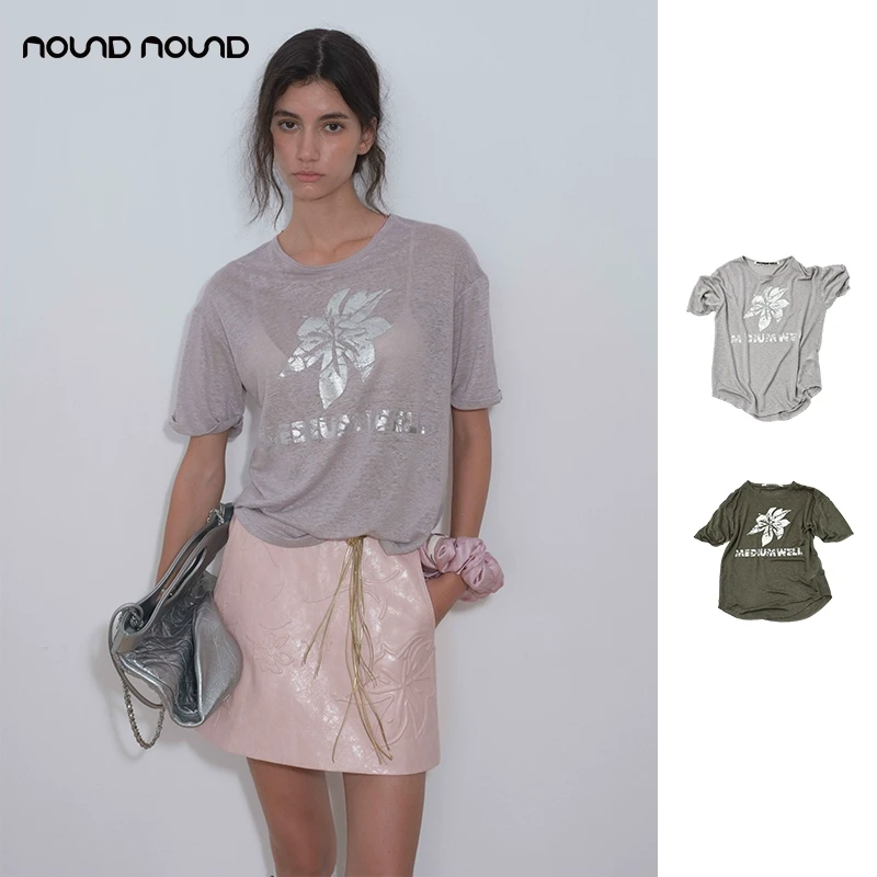 【MEDIUM WELL】nound买手店亚麻做旧烫银印花短袖T恤女24秋冬新款