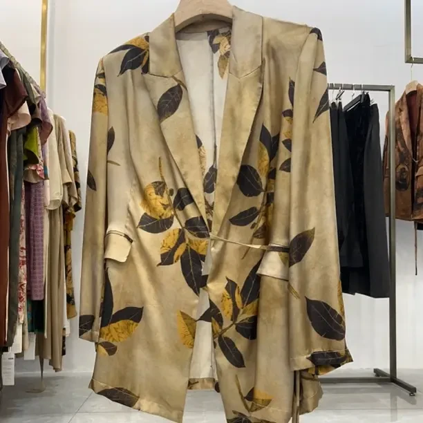 新中式复古印花铜氨缎系带西装外套国风气质休闲百搭女士上衣