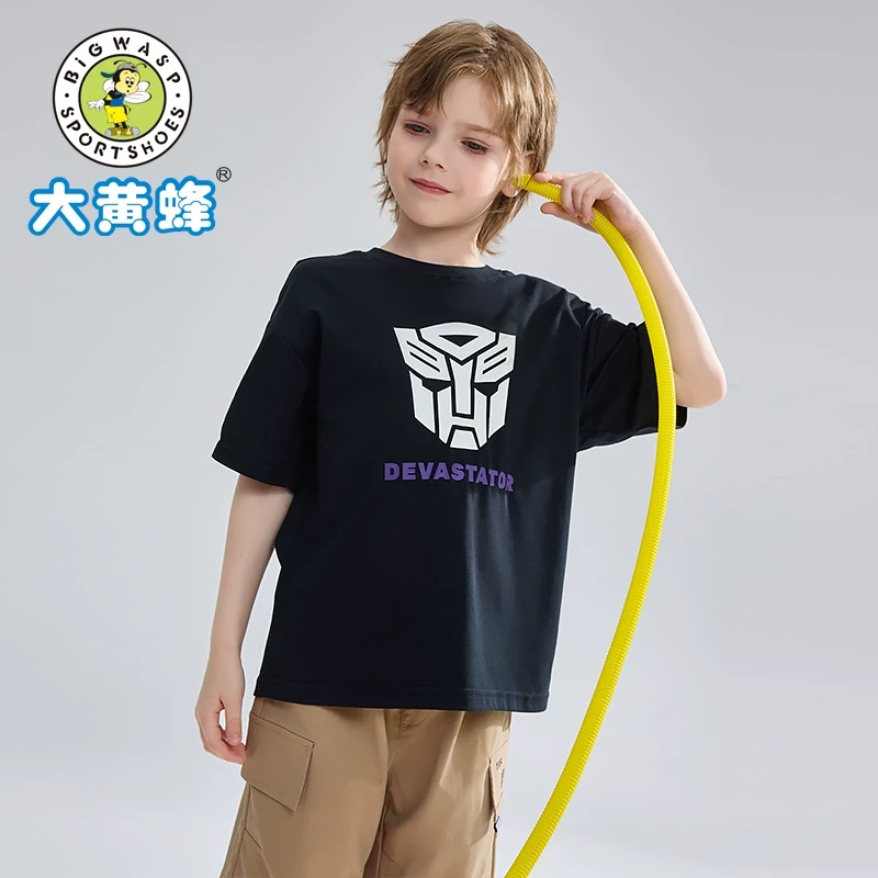 大黄蜂童装男童短袖2025夏季新款透气圆领T恤潮中大童短T儿童上衣