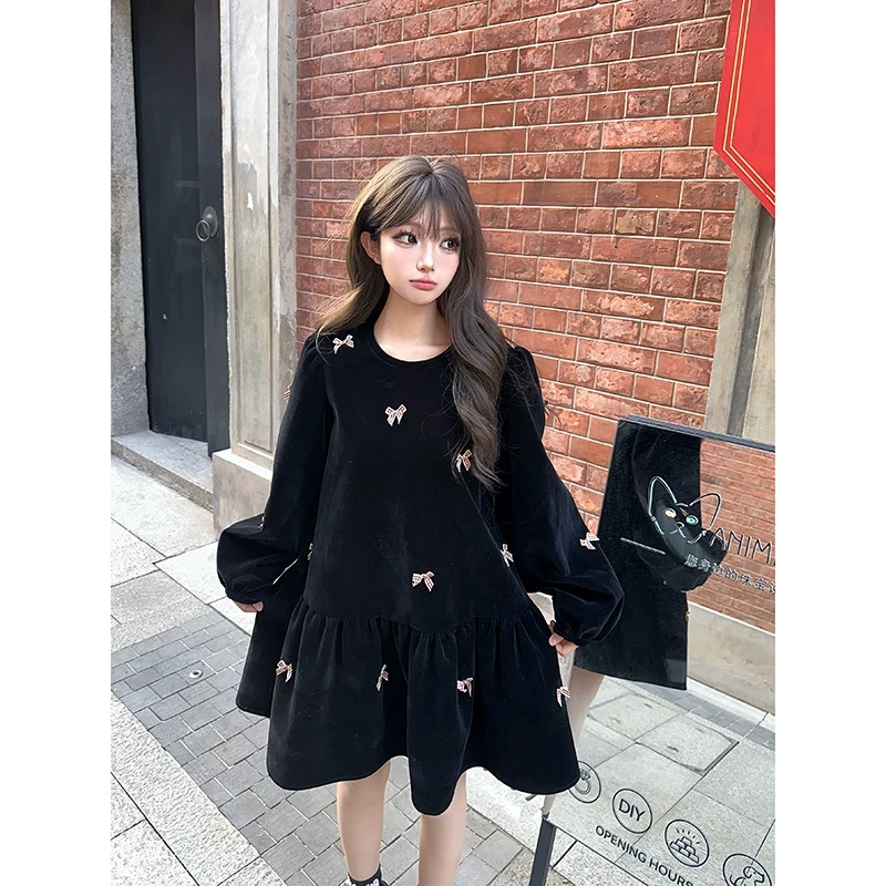KEIKO赫本风黑色丝绒连衣裙25春夏千金感蝴蝶结扎花显瘦A字蓬蓬裙
