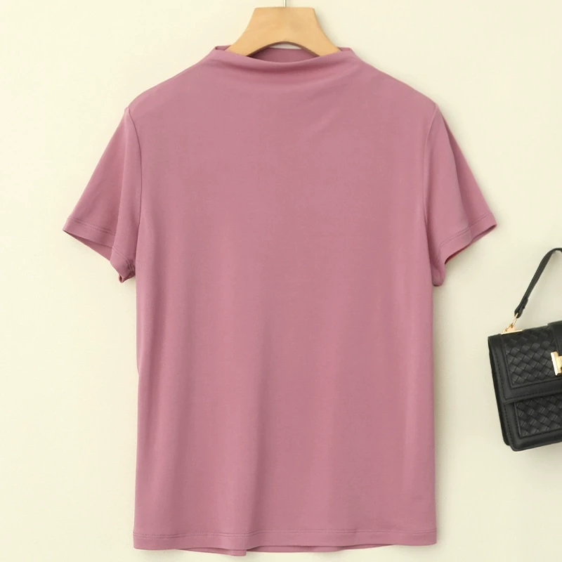 LANZIBES/蓝之蓓真丝加捻半高领短袖T恤纯色百搭桑蚕丝上衣D8542