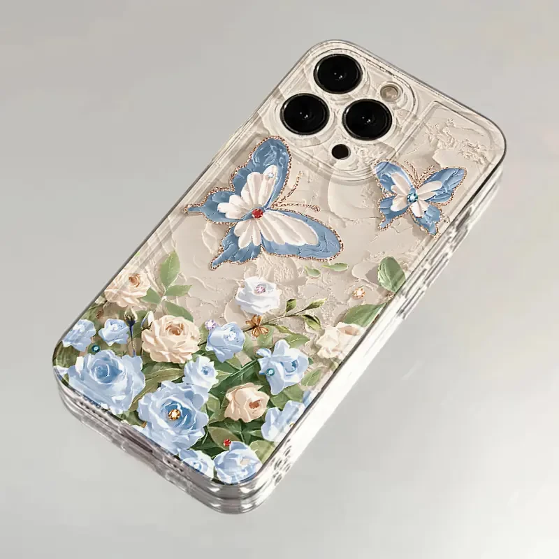适用蝴蝶鲜花油画风iphone16手机壳华为P70vivo小米oppo女透明壳