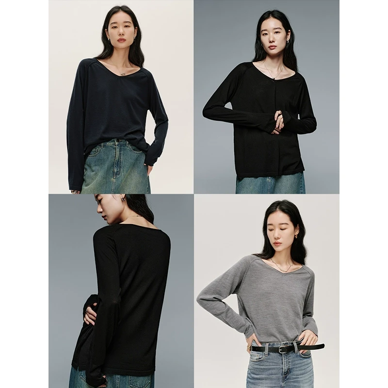 且可ChillCozy 吉南德 100新澳60S精纺羊毛宽松V领长袖针织衫女秋