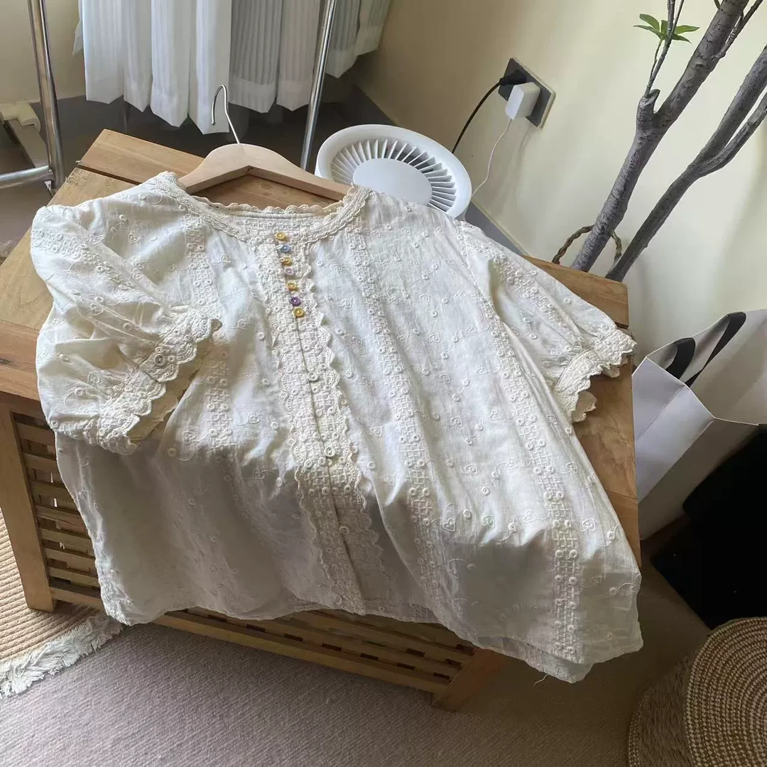 沐源 089-2025夏季新款格子宽松休闲女花边大码领短袖上衣衬衫