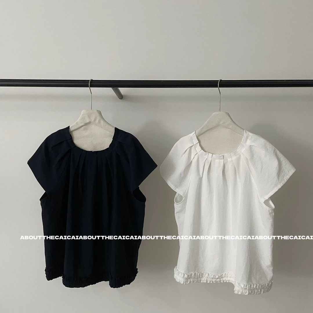 CAICAI法式复古飞飞袖褶皱感圆领套头衬衫女夏季休闲透气小衫2559