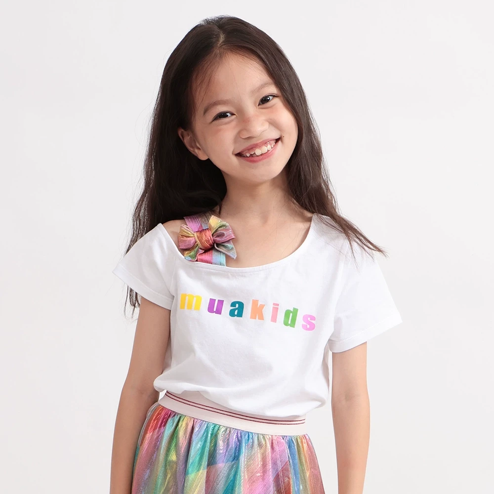 Muakids童装女童字母露肩蝴蝶结短袖T恤2025夏季新款设计感上衣