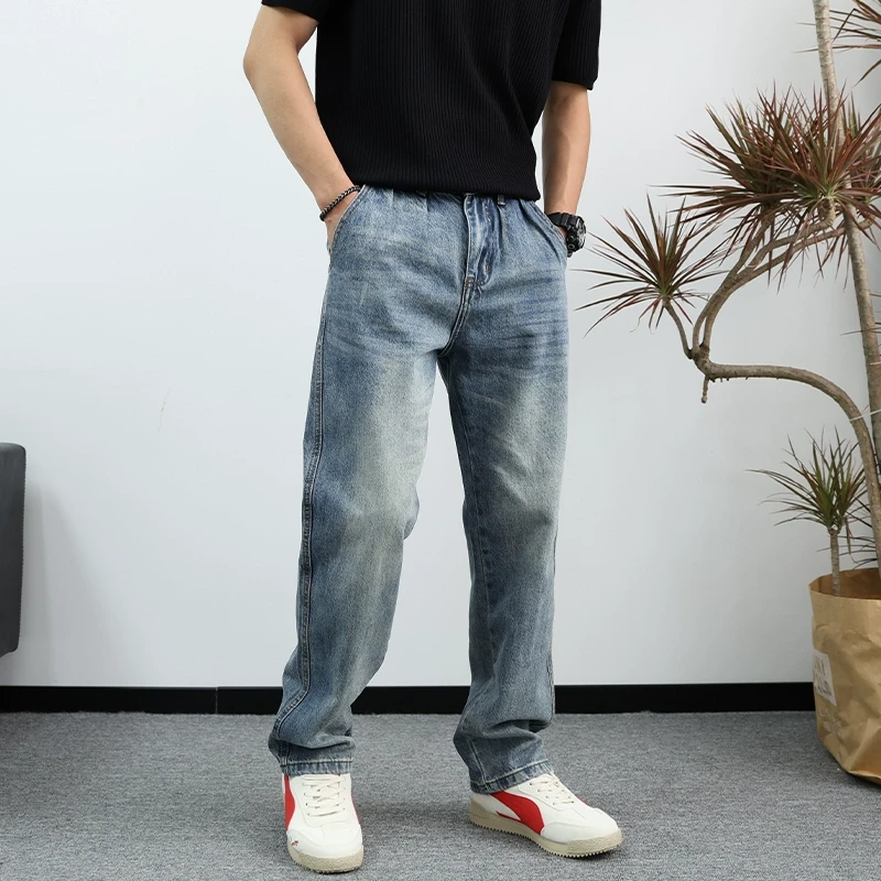 2025春秋百搭长裤男美式高街cleanfit水洗蓝色男士宽松直筒牛仔裤