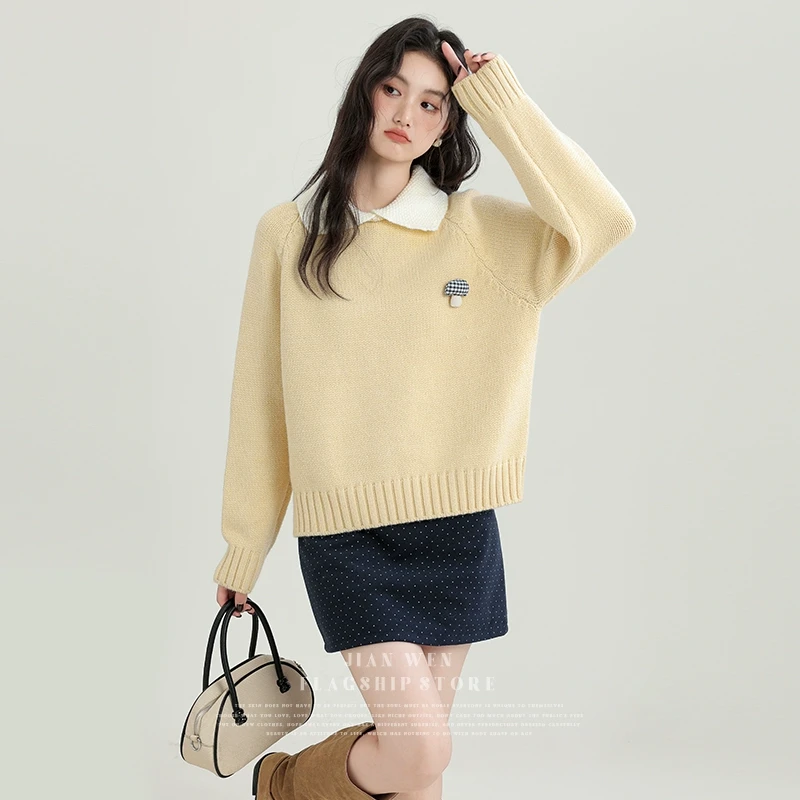 2024秋冬新款娃娃领加厚毛衣女宽松设计感撞色翻领针织衫套头上衣