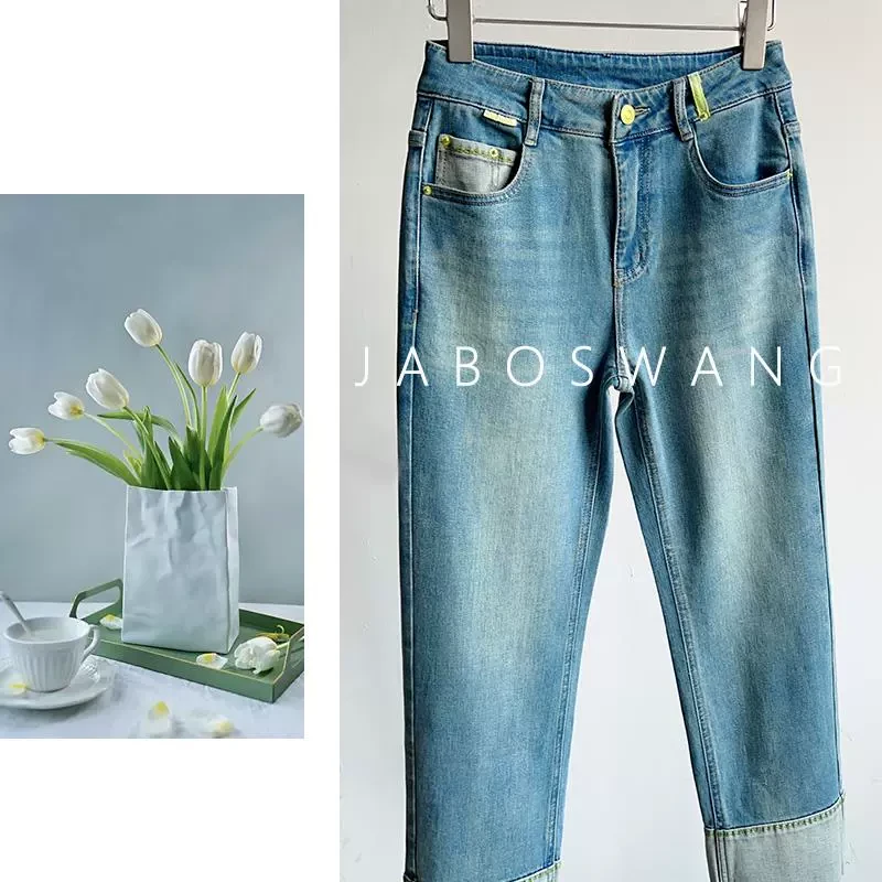 K139翻边九分牛仔裤浅色高腰窄版直筒牛仔裤九分裤女烟管裤韩国款