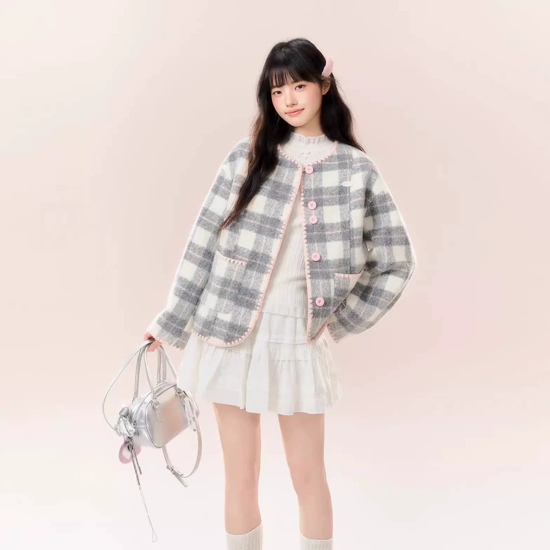 umoumo 乌蘑（原 ntot）贝壳针淑女小香风格纹灰粉色外套NOTWT25016