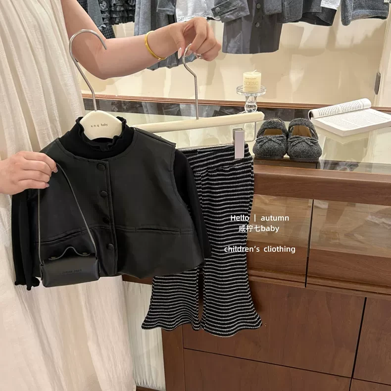 韩版儿童时尚洋气皮马甲套装2025秋装新款女童PU皮外套