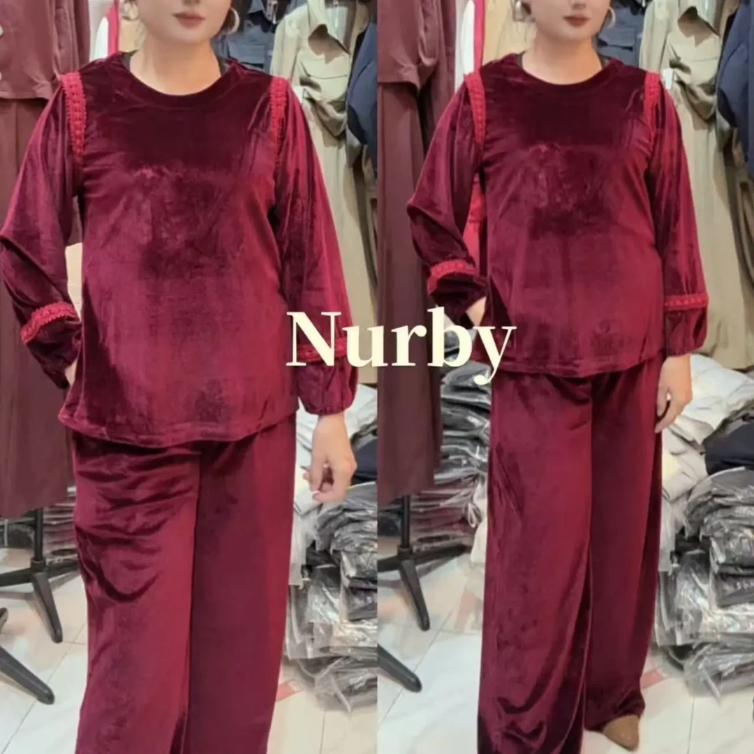 新款春秋丝绒长袖上衣阔腿裤套装红色