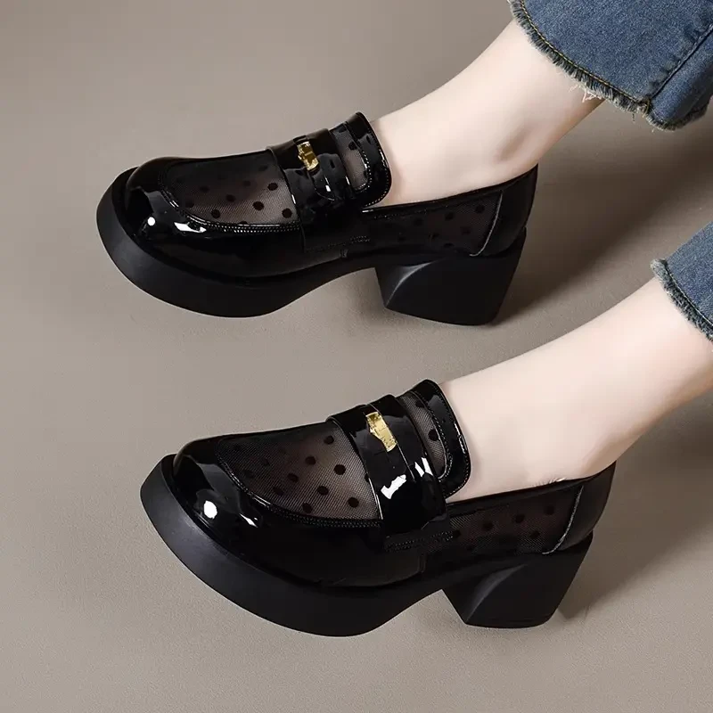 品牌断码网纱乐福鞋女2025夏季新款镂空一脚蹬厚底小皮鞋漆皮单鞋