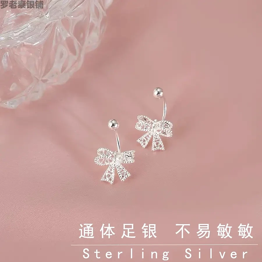 足银耳饰 S999足银U型螺丝蝴蝶结镶钻睡觉免摘女养耳洞耳骨钉耳饰