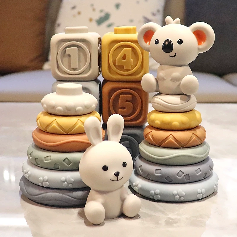 新生儿童叠叠杯彩虹套圈叠叠乐牙胶可入口益智宝宝个月积木叠叠高