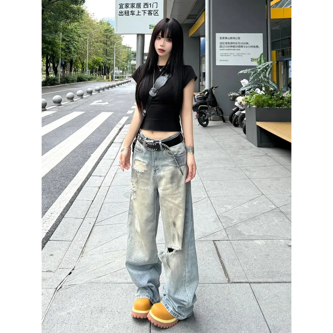 美式做旧破洞牛仔裤女款夏季薄款工装裤子又a又飒直筒宽松阔腿裤