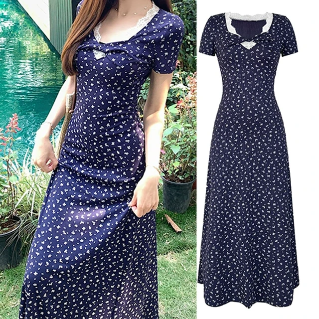 法式纯欲风蓝色V领碎花连衣裙子女2025夏季新款显瘦遮肉气质长裙