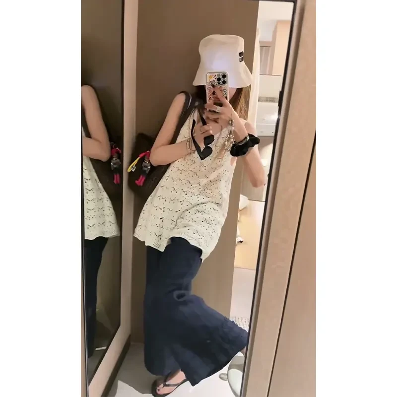 夏日穿搭套装减龄镂空V领无袖背心上衣女百搭高腰显瘦阔腿长裤