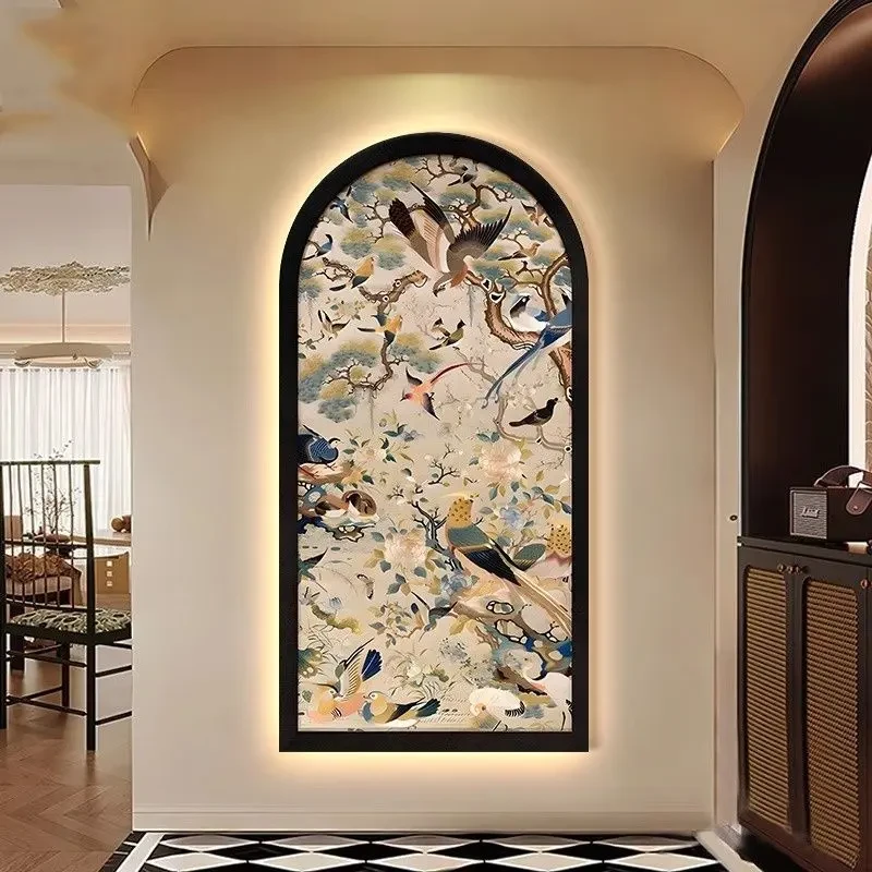 法式复古入户门玄关装饰画带灯客厅走廊过道挂画沙发背景拱形灯画