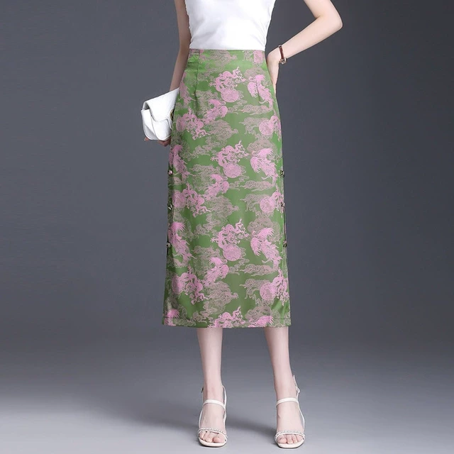印花包臀裙半身裙新中式裙子女夏季多巴胺直筒裙轻国风开叉止步裙