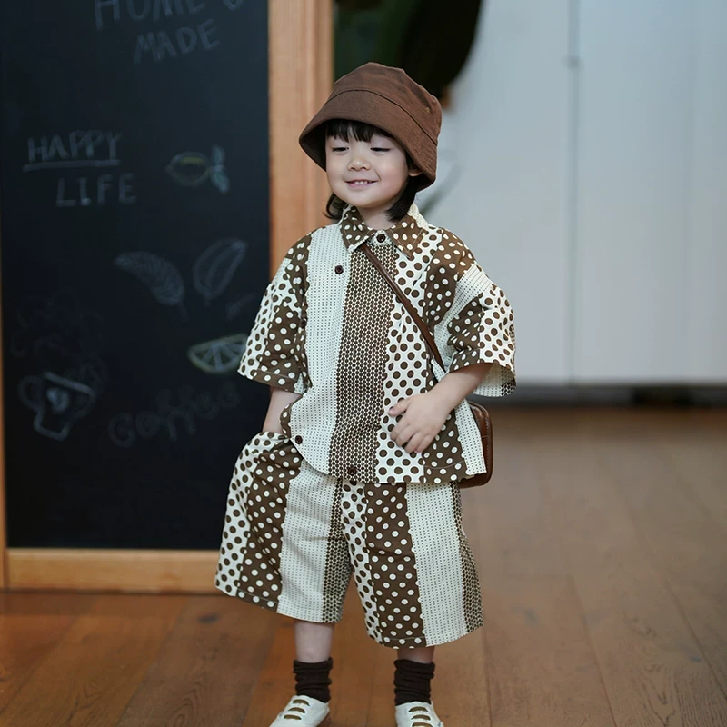 砚台家童装宝宝夏装套装男童短袖炸街帅气衬衫圆点条纹短裤两件套