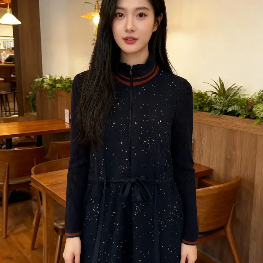 【弄影福利】秋冬加厚气质时尚针织提花显瘦宽松连衣裙