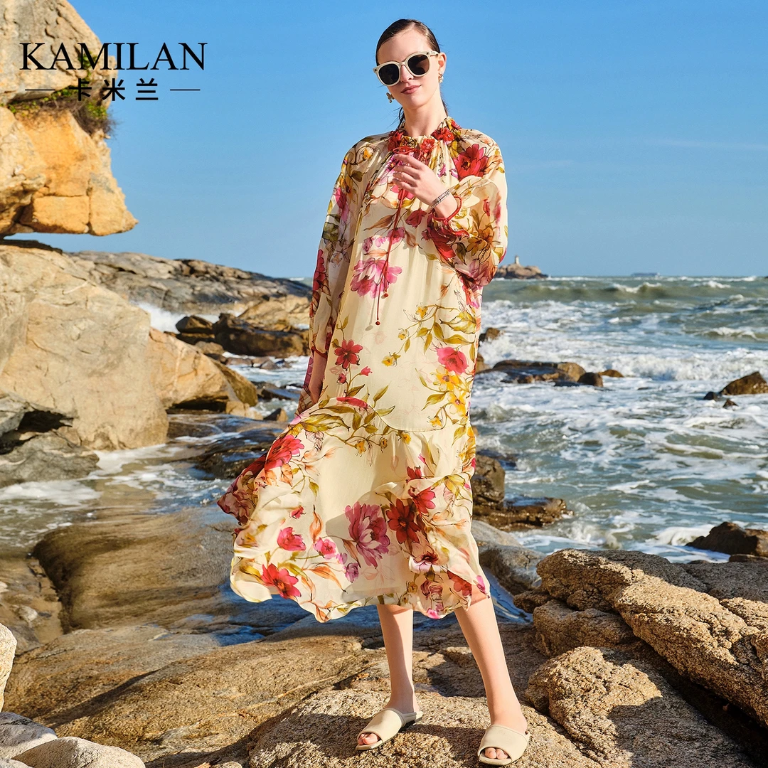 [100桑蚕丝]卡米兰真丝连衣裙女2025春夏新款中长款拼接印花A字裙