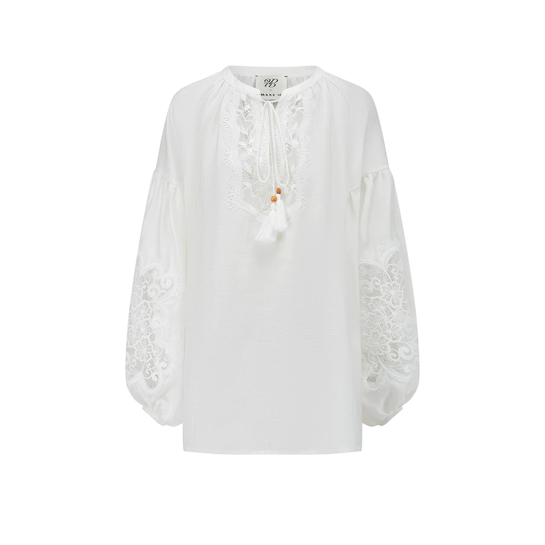 ODTD&MAKE IF设计师品牌 镂空蕾丝苎麻V领泡泡袖衬衫 BY5O06074