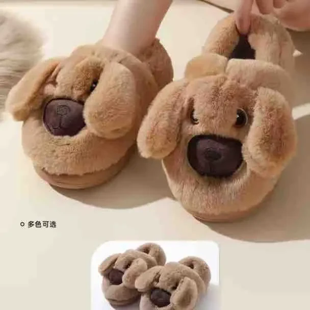 可爱小狗情侣厚底防滑增高包跟棉拖秋冬户外室内保暖棉鞋