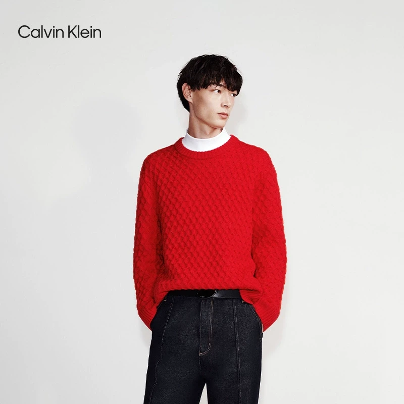 CK Jeans25早春男士本命年新年红绞花圆领内搭羊毛衫毛衣40344MF