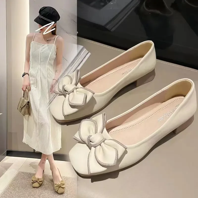 单鞋女粗跟高品质牛筋软底新款百搭一脚蹬浅口瓢鞋蝴蝶结平底单鞋