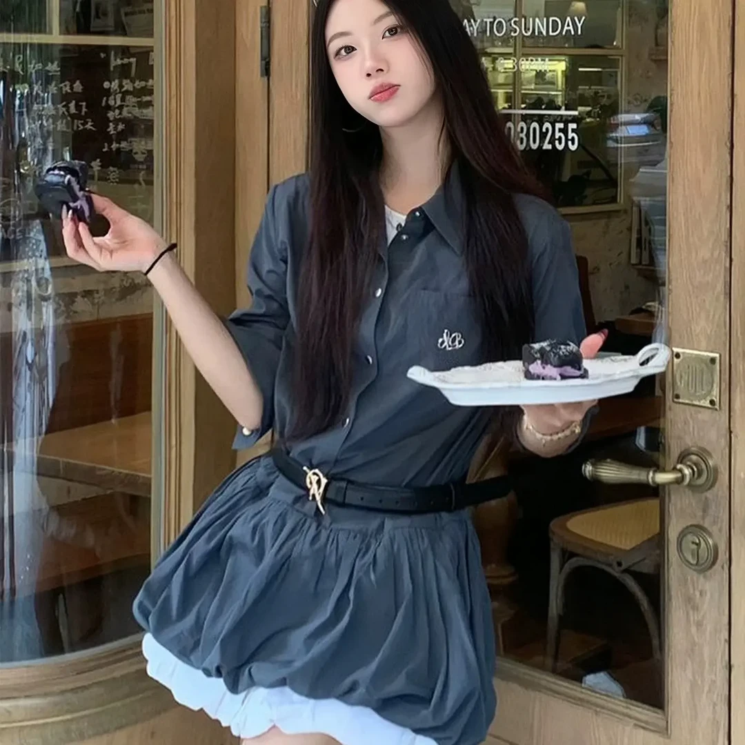 大码胖mm秋季遮肉新款假两件条纹衬衫连衣裙花苞蓬蓬短裙设计感