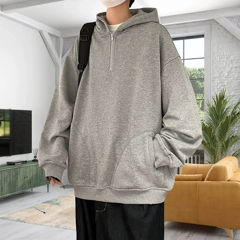 【11100包邮】2025春季新款港风青少年学生半拉链连帽中性卫衣