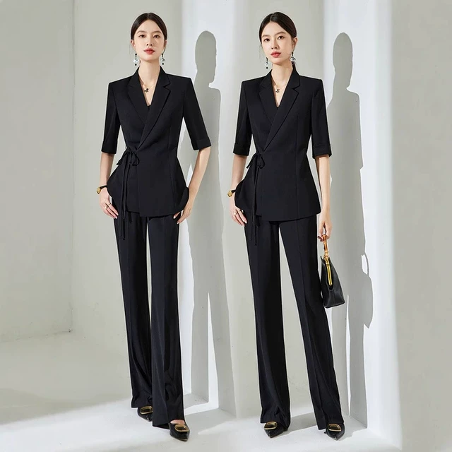 大码女轻奢气质西装套装薄款夏季胖mm收腰显瘦西服微喇叭裤两件套
