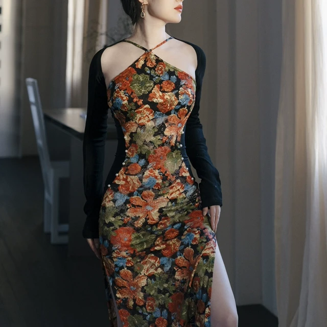 现代古典舞爵士多情种旗袍舞蹈服复古花色蕾丝挂脖弹力吊带裙两件