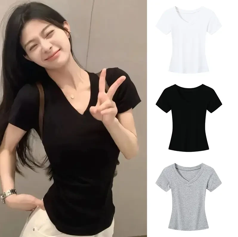 设计感纯色正肩V领短袖t恤女款夏季显瘦纯欲辣妹修身打底百搭上衣