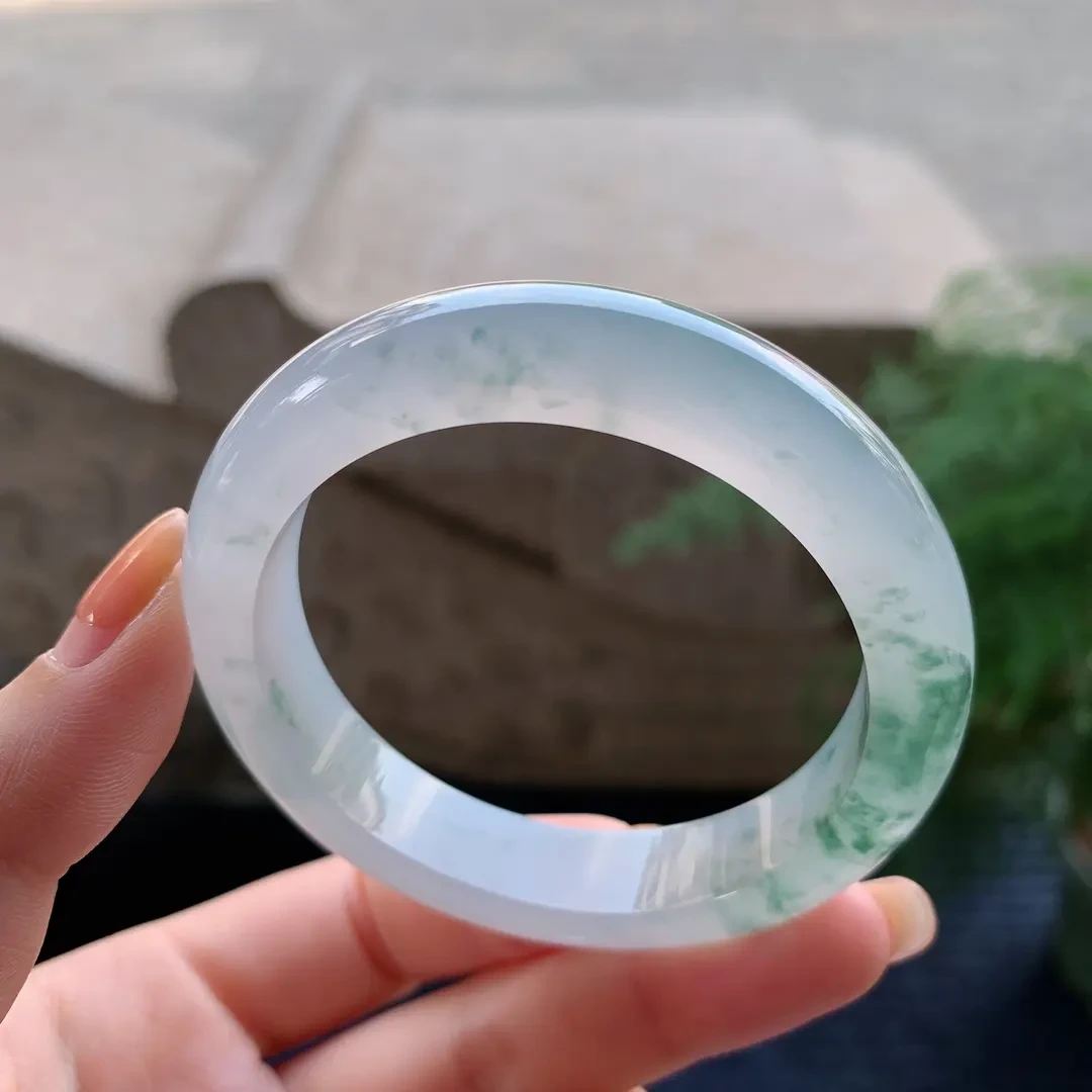 天然A货翡翠玉手镯圈口50正圈冰种起荧光飘花 A503050118