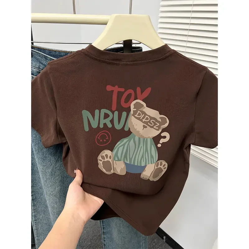 正肩圆领短袖T恤女2025新款韩版减龄小熊印花时尚内搭上衣打底衫