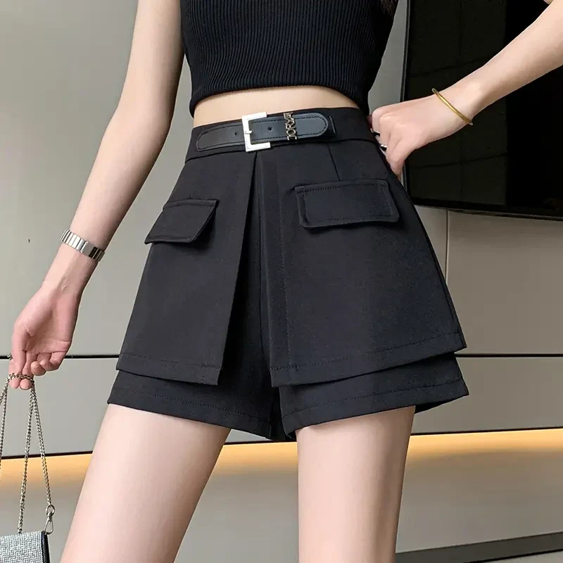 工装短裤女2025新款爆款春夏季高腰裙裤设计感显瘦黑色a字阔腿裤