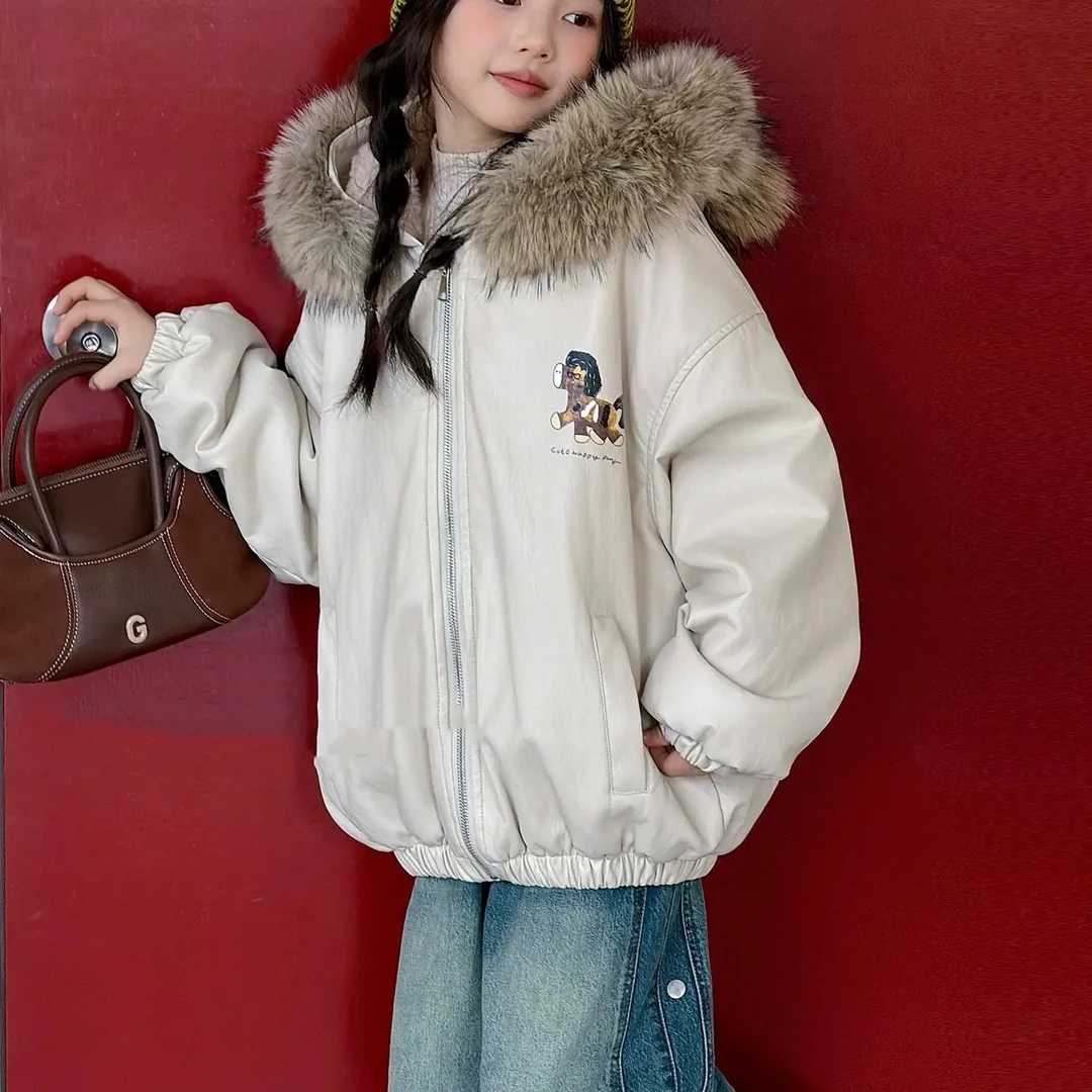 8401-mochier沫弛尔女童冬季新款加厚连帽皮衣派克服外套