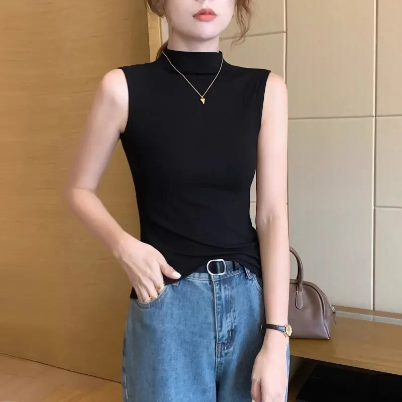 莫代尔半高领无袖T恤背心女修身外穿内搭打底衫百搭简约纯色上衣