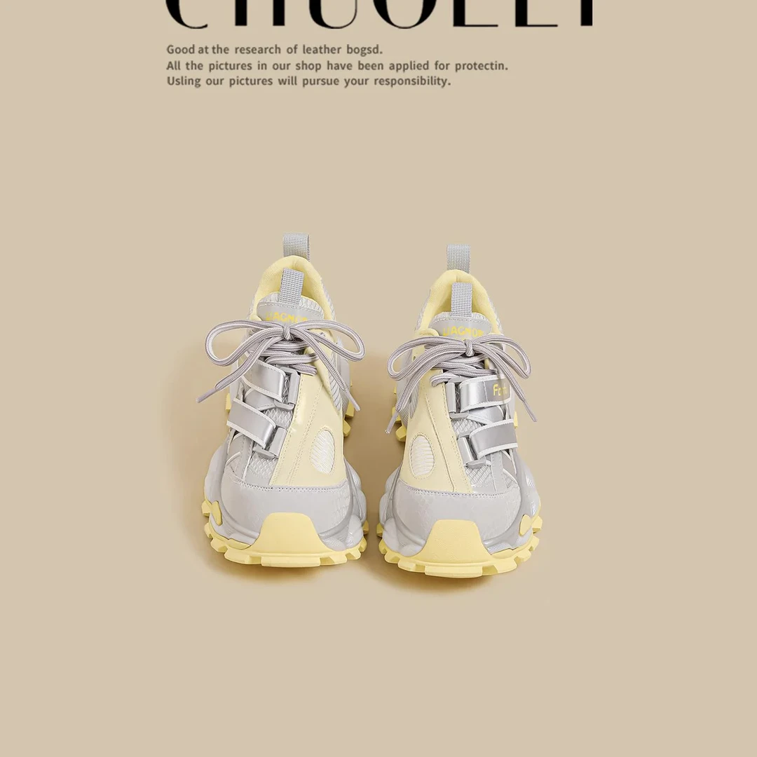 2025新款秋季厚底女鞋黄色拼接芭蕾风格网孔鞋子女款爆款2025新款