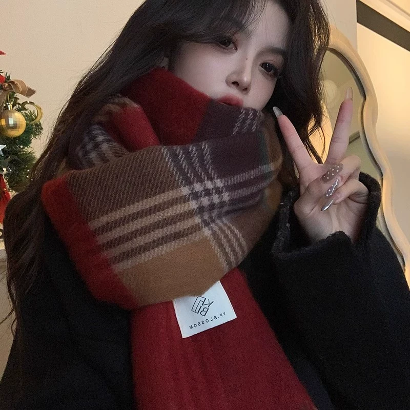 高级氛围感复古仿羊绒围巾女冬季韩系拼色加厚学生保暖防寒围脖男