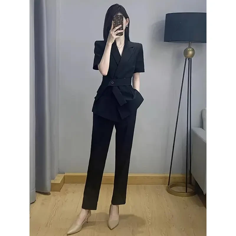 夏季黑色短袖薄西装套装女大码胖mm高级感职业正装西服修身两件套