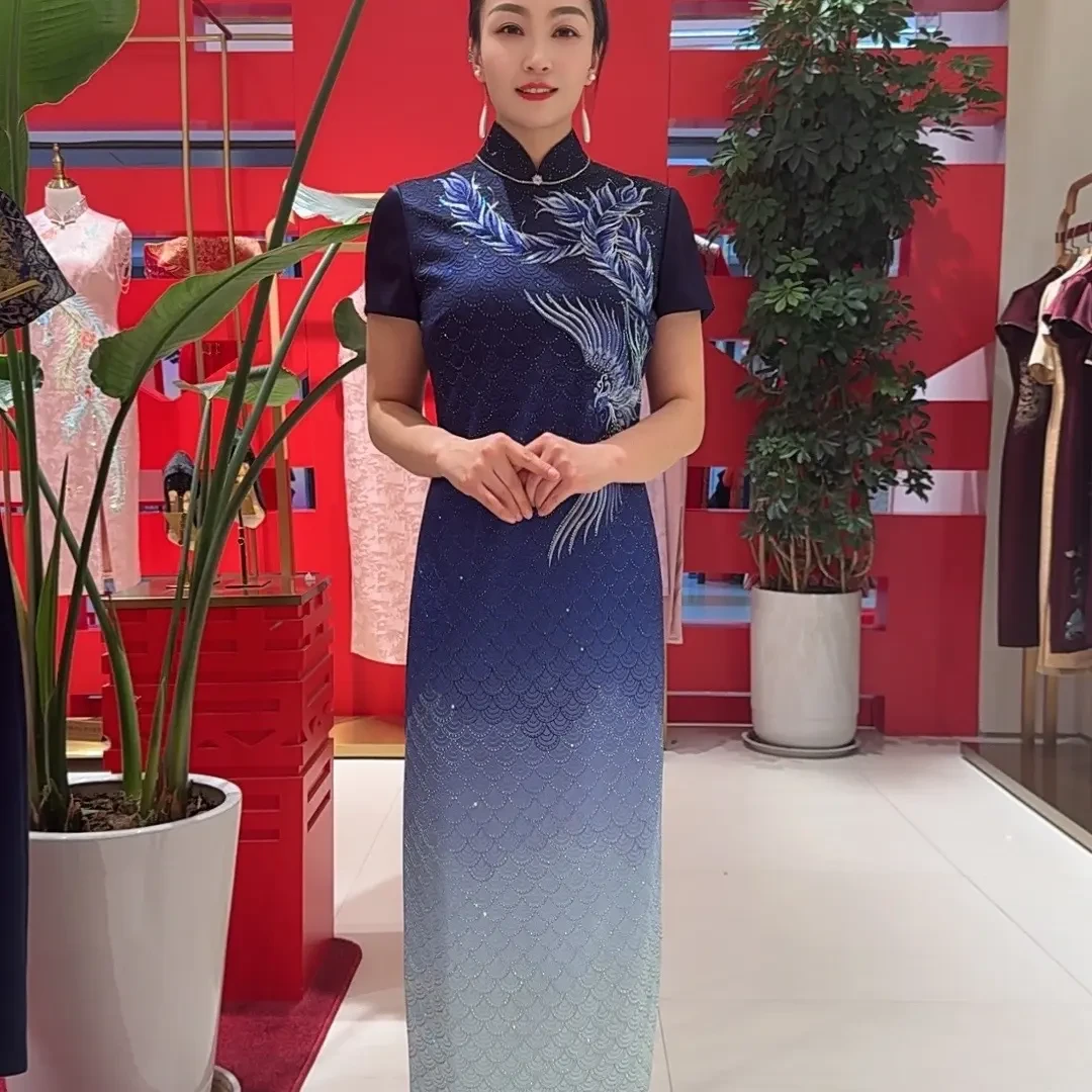 170296六礼渐变色金凤呈祥婚宴喜婆婆喜妈妈日常旗袍
