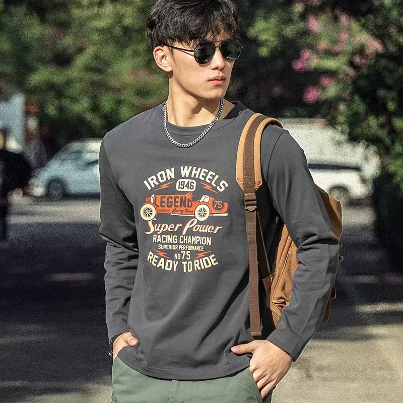 美式复古百搭长袖t恤男300g重磅纯棉休闲时尚秋季三本针打底衫