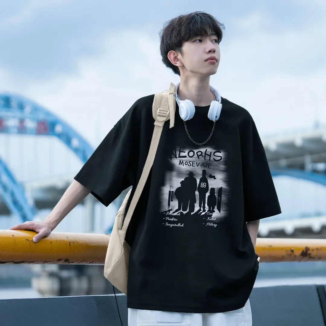 大码日系短袖T恤男生新款潮流青少年oversize大码中性风情侣上衣